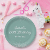 Aqua Mint Zilver Diamant Glitter 50ste Verjaardag Papieren Bordje (Feest)