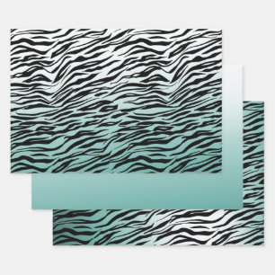 Aqua Mint Zwart Zebra Print Ombre Inpakpapier Vel