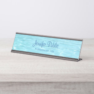 Aqua Modern Elegant Blue Water Sjabloon Trendy Bureau Naambordje