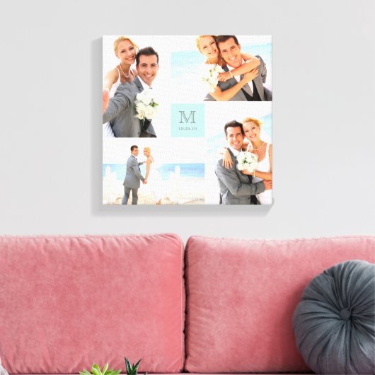Aqua Modern Grid Monogram Bruiloft 4 Fotocollage Canvas Afdruk (Insitu (Woonkamer))