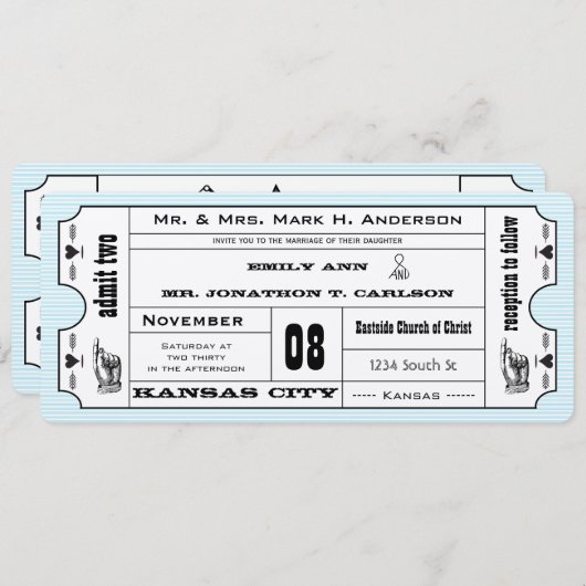 Aqua  Modern Typografie Ticket Wedding Kaart (Voorkant / Achterkant)