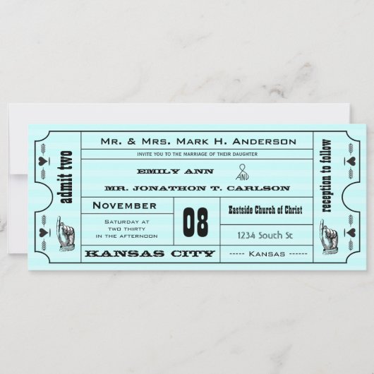 Aqua  Modern Typografie Ticket Wedding Kaart (Voorkant)
