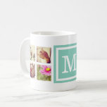 Aqua Monogram Instagram Foto Collage Mok<br><div class="desc">Voeg 8 of meer van uw favoriete foto's van het Instagram toe en personaliseer met uw monogram initiaal of andere douanetekst. U kunt kiezen uit verschillende opties voor grootte, stijl en kleur van de mok. Klik aanpassen het om foto's te bewegen en tekstdoopvonten en kleuren aan creëer aan uw eigen...</div>