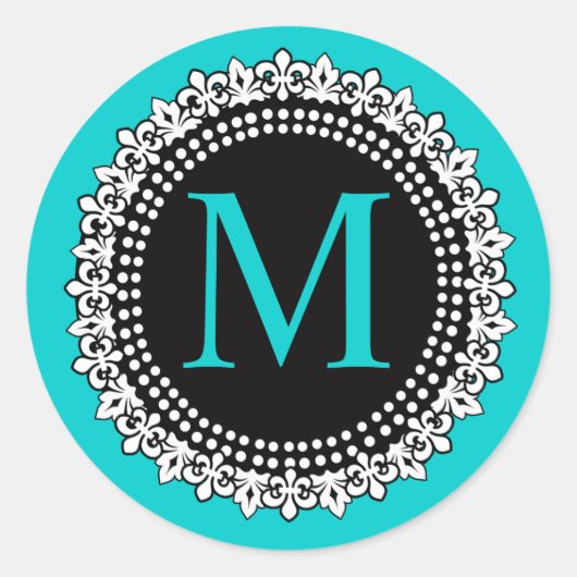 Aqua Monogram M Fleur de lis Bruiloft Sticker (Voorkant)