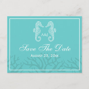 Aqua Monogram Seahorse Save the Date Briefkaarten