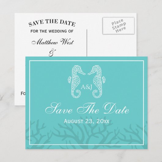Aqua Monogram Seahorse Save the Date Briefkaarten (Voorkant / Achterkant)