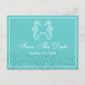 Aqua Monogram Seahorse Save the Date Briefkaarten (Voorkant)