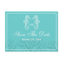 Aqua Monogram Seahorse Save the Date Briefkaarten