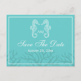 Aqua Monogram Seahorse Save the Date Briefkaarten