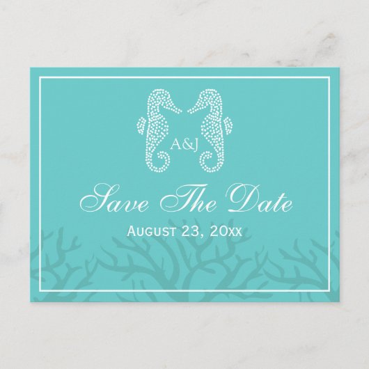 Aqua Monogram Seahorse Save the Date Briefkaarten (Voorkant)