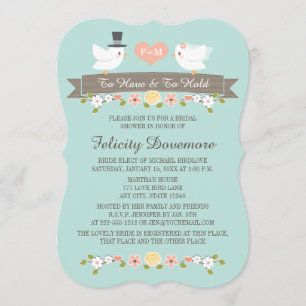 Aqua Monogram Tortelduifjes Bridal Shower Invitati Kaart