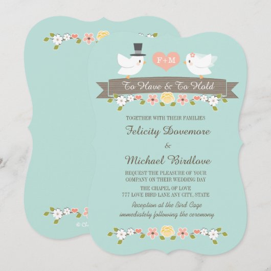 Aqua Monogram Tortelduifjes Dove Huwelijksuitnodig Kaart (Voorkant / Achterkant)