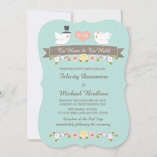 Aqua Monogram Tortelduifjes Dove Huwelijksuitnodig Kaart (Voorkant)