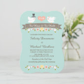 Aqua Monogram Tortelduifjes Dove Huwelijksuitnodig Kaart (Staand voorkant)