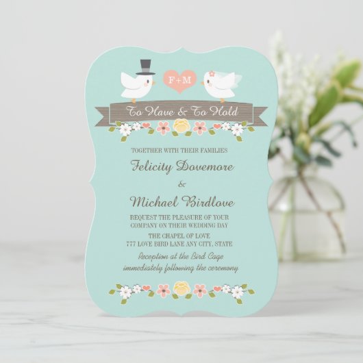 Aqua Monogram Tortelduifjes Dove Huwelijksuitnodig Kaart (Staand voorkant)