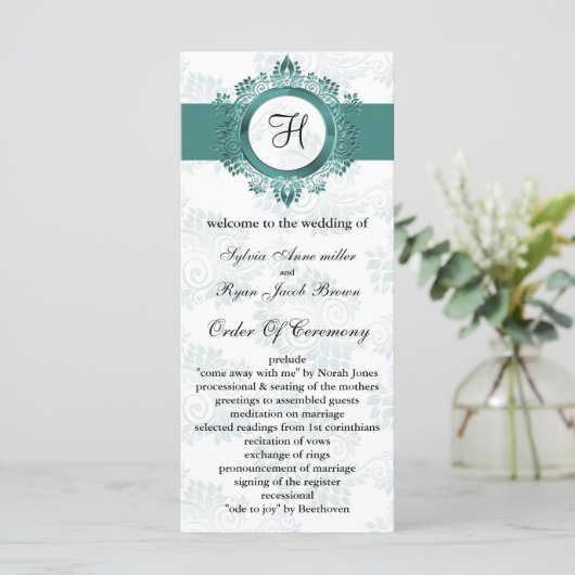 aqua monogram Trouwprogramma Programmakaart (Staand voorkant)