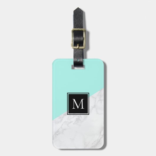 Aqua | Monogram wit marmer Bagagelabel (Voorkant verticaal)