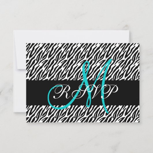 Aqua Monogram Zebra Print Wedding RSVP Card (Voorkant)