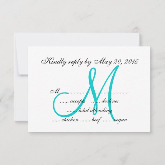 Aqua Monogram Zebra Print Wedding RSVP Card (Achterkant)