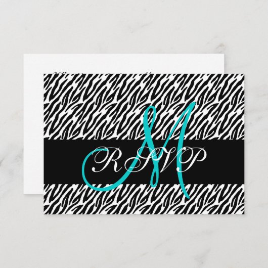 Aqua Monogram Zebra Print Wedding RSVP Card (Voorkant / Achterkant)