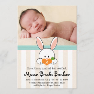 AQUA MONOGRAMMED BUNNY RABBIT BIRTH ANNOUNCTION AANKONDIGING