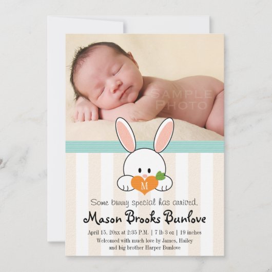 AQUA MONOGRAMMED BUNNY RABBIT BIRTH ANNOUNCTION AANKONDIGING (Voorkant)
