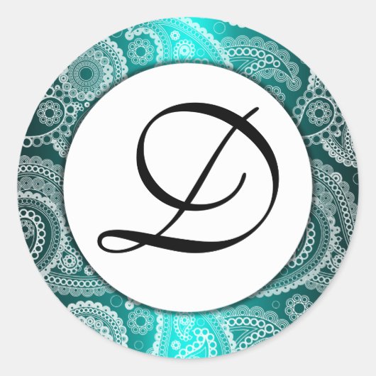 Aqua Monogrammed White Lace Paisley Stickers (Voorkant)