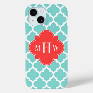 Aqua Moroccan #5 Coral Red 3 Initiaal monogram iPhone 15 Case