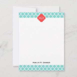Aqua Moroccan #5 Coral Red 3 Initiaal monogram Notitiekaartje