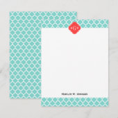 Aqua Moroccan #5 Coral Red 3 Initiaal monogram Notitiekaartje (Voorkant / Achterkant)