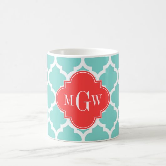 Aqua Moroccan #5 Coral Rood 3 Initiaal Monogram Koffiemok (Center)
