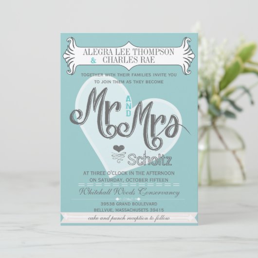 Aqua Mr en Mrs Typography Weddings Kaart (Staand voorkant)