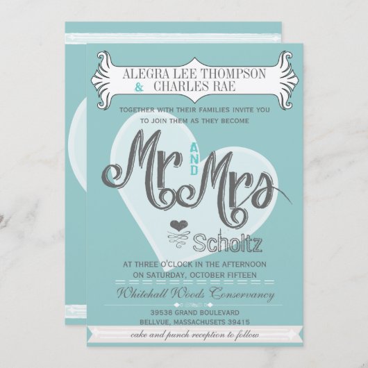 Aqua Mr en Mrs Typography Weddings Kaart (Voorkant / Achterkant)