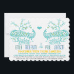 Aqua & Mustard Yellow Peacock Wedding Invitations Kaart<br><div class="desc">Cute  Peacocks Playbill Fonts Cherry Blossom en a Whimsical Heart Bright Aqua en Mustard Yellow Blauwgroen en Grey</div>
