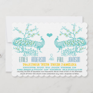 Aqua & Mustard Yellow Peacock Wedding Invitations Kaart