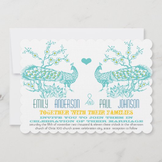 Aqua & Mustard Yellow Peacock Wedding Invitations Kaart (Voorkant)