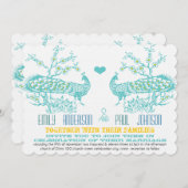 Aqua & Mustard Yellow Peacock Wedding Invitations Kaart (Voorkant / Achterkant)