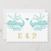Aqua & Mustard Yellow Peacock Wedding Invitations Kaart (Achterkant)