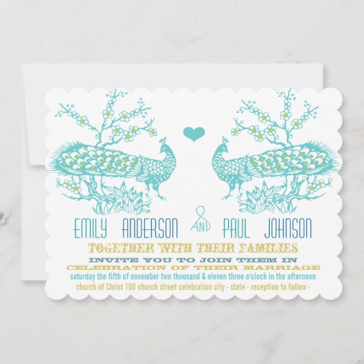 Aqua & Mustard Yellow Peacock Wedding Invitations Kaart (Voorkant)