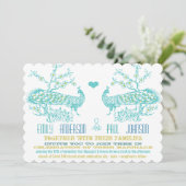 Aqua & Mustard Yellow Peacock Wedding Invitations Kaart (Staand voorkant)