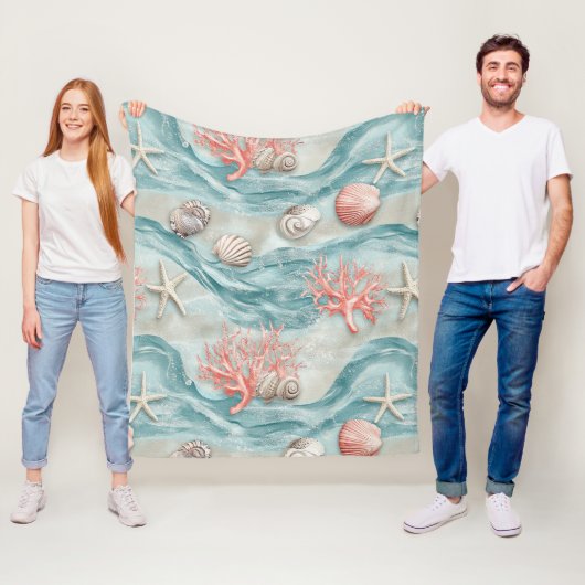 Aqua Nauticale Zeester Schelp Patroon Fleece Deken (In situ)
