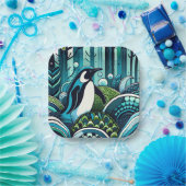 Aqua Navy Blauw Groen Pinguïn Bos met Abstract Papieren Bordje (Feest)