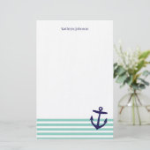 Aqua & Navy blauwe nautische strepen & Schattige a Briefpapier (Staand voorkant)