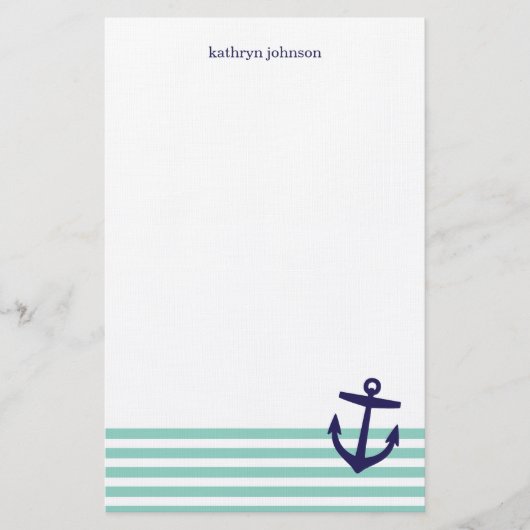 Aqua & Navy blauwe nautische strepen & Schattige a Briefpapier (Voorkant)