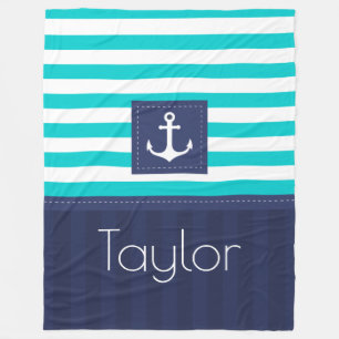 Aqua Navy Blue Nautical Stripes Anchor Design Fleece Deken