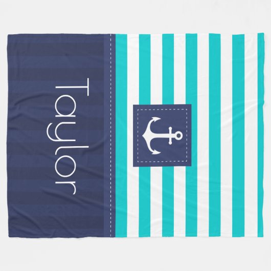 Aqua Navy Blue Nautical Stripes Anchor Design Fleece Deken (Voorkant (Horizontaal))