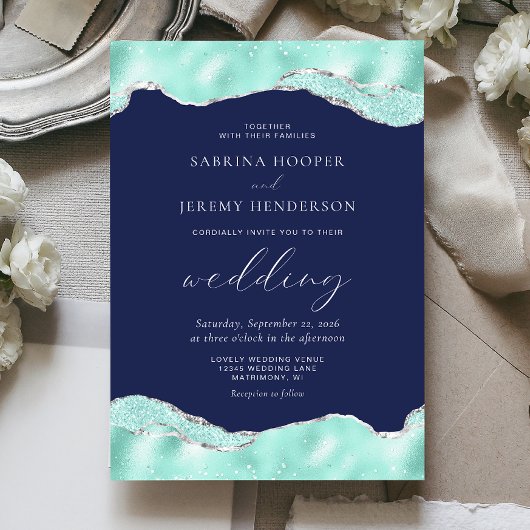 Aqua Navy Blue Silver Foil Glitter Wedding Kaart