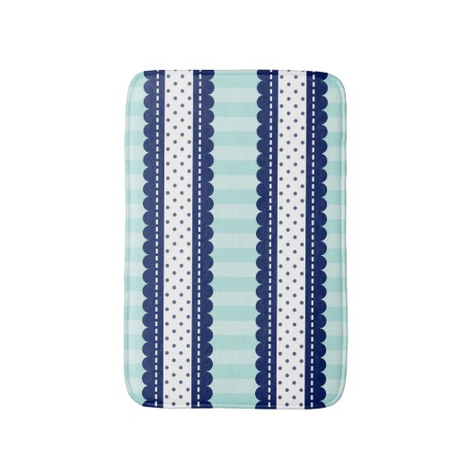 Aqua Navy Blue Stripes en Polka Dots Pattern Badmat (Voorkant Verticaal)