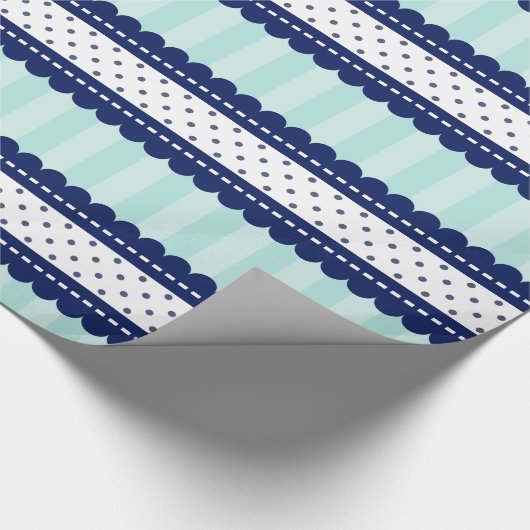 Aqua Navy Blue Stripes en Polka Dots Pattern Cadeaupapier (Hoek)
