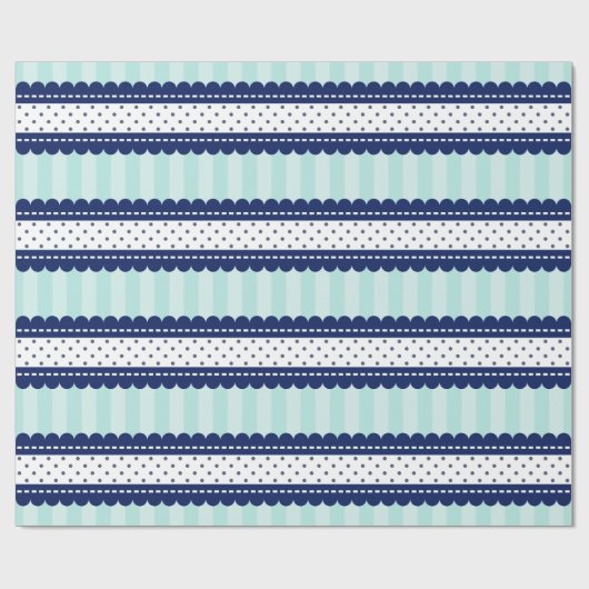 Aqua Navy Blue Stripes en Polka Dots Pattern Cadeaupapier (Vlak)
